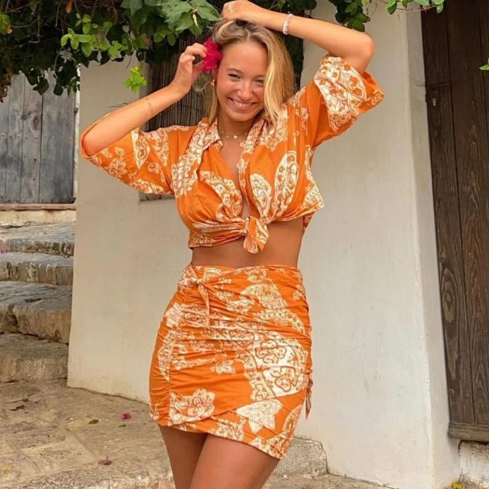 Zara 2 Piece Printed Mini Skirt And Top Co-ord Set Burnt Orange NWT